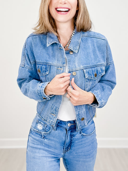 Button Down Cropped Denim Jacket