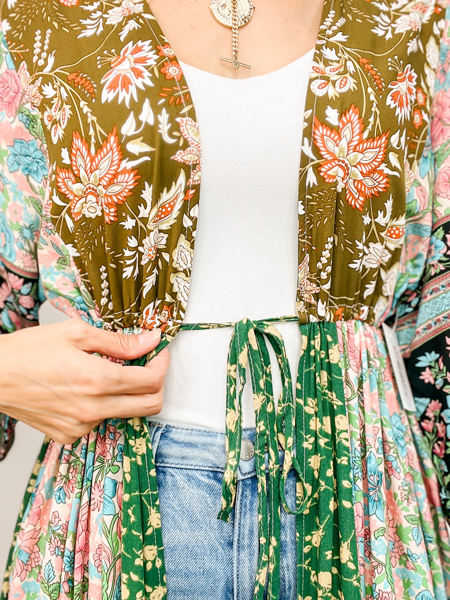 V-Neck Multi Print Long Sleeve Maxi Dress