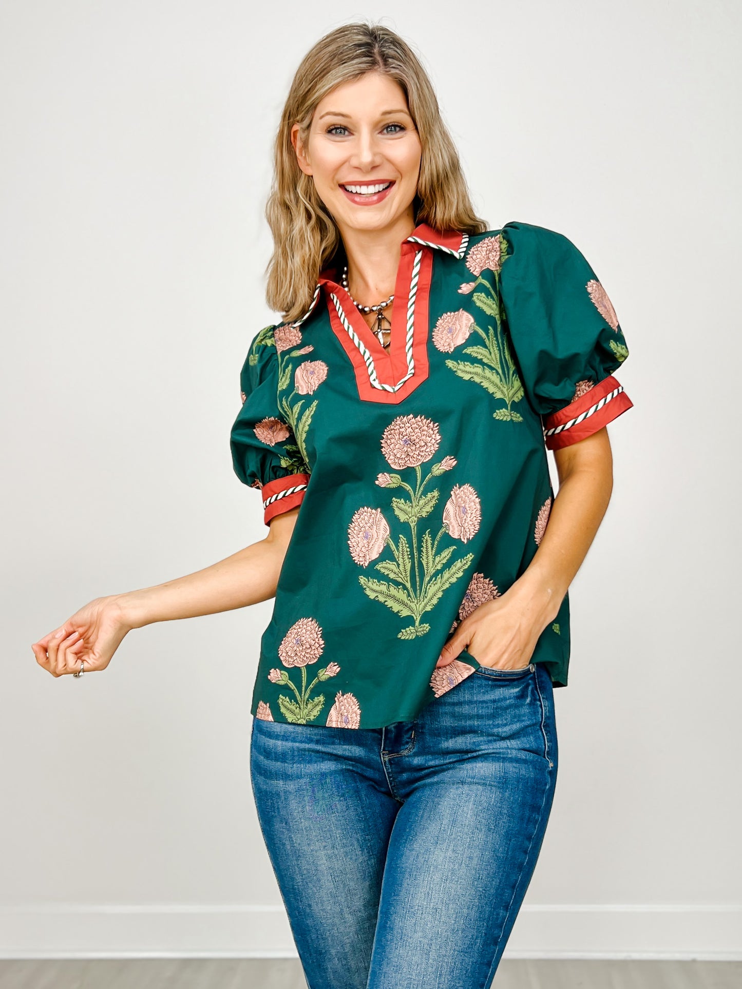 Floral Print Short Bubble Sleeve Top