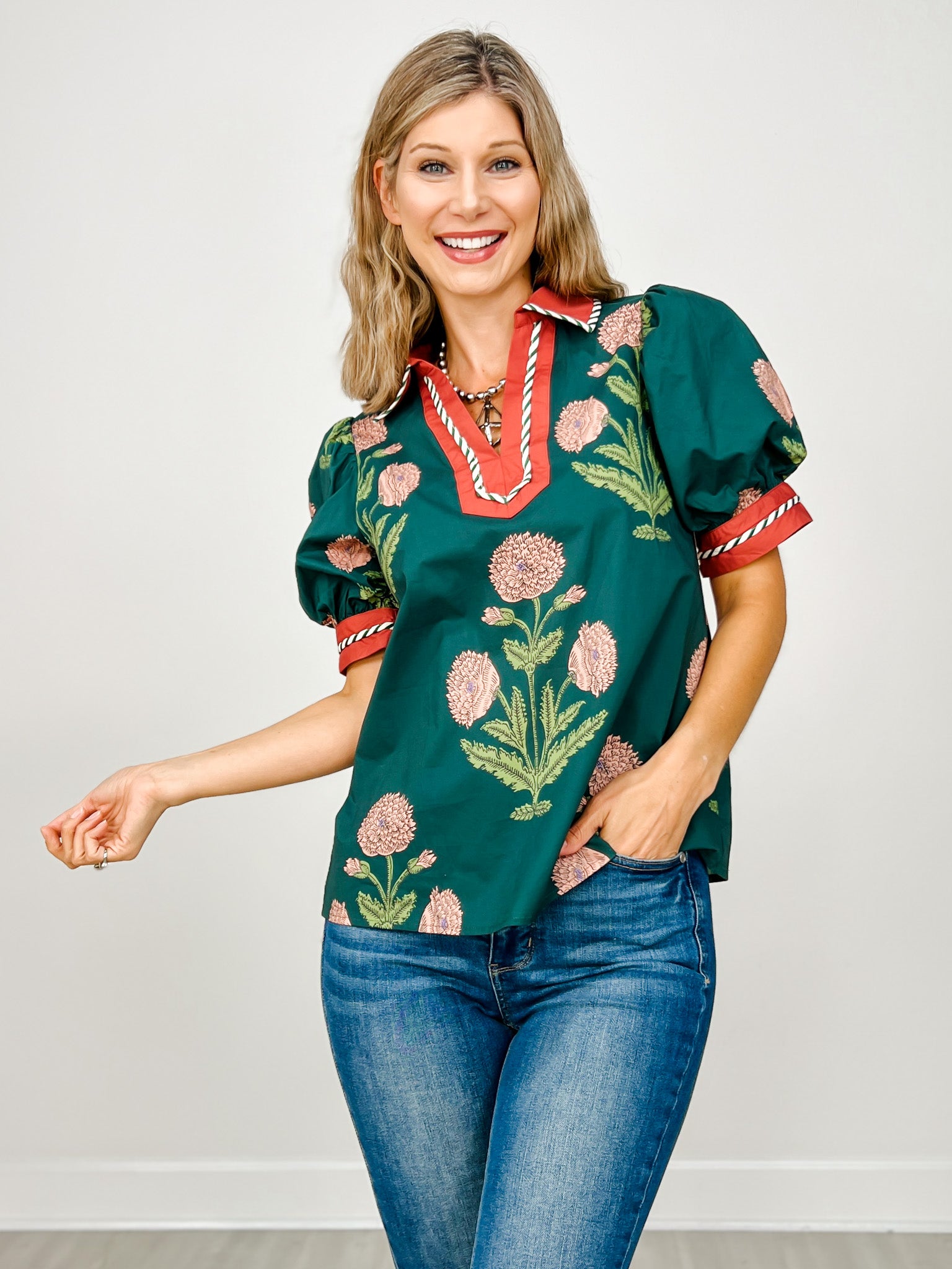 Floral Print Short Bubble Sleeve Top