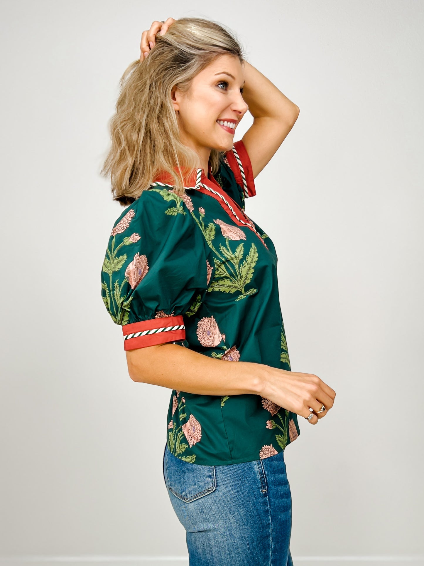 Floral Print Short Bubble Sleeve Top