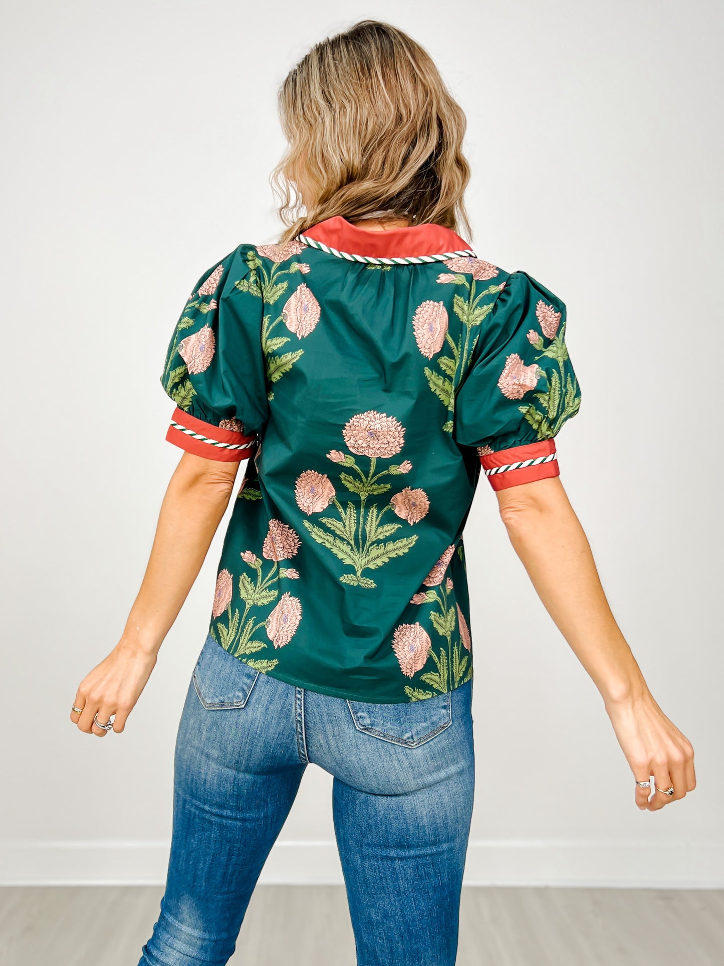 Floral Print Short Bubble Sleeve Top