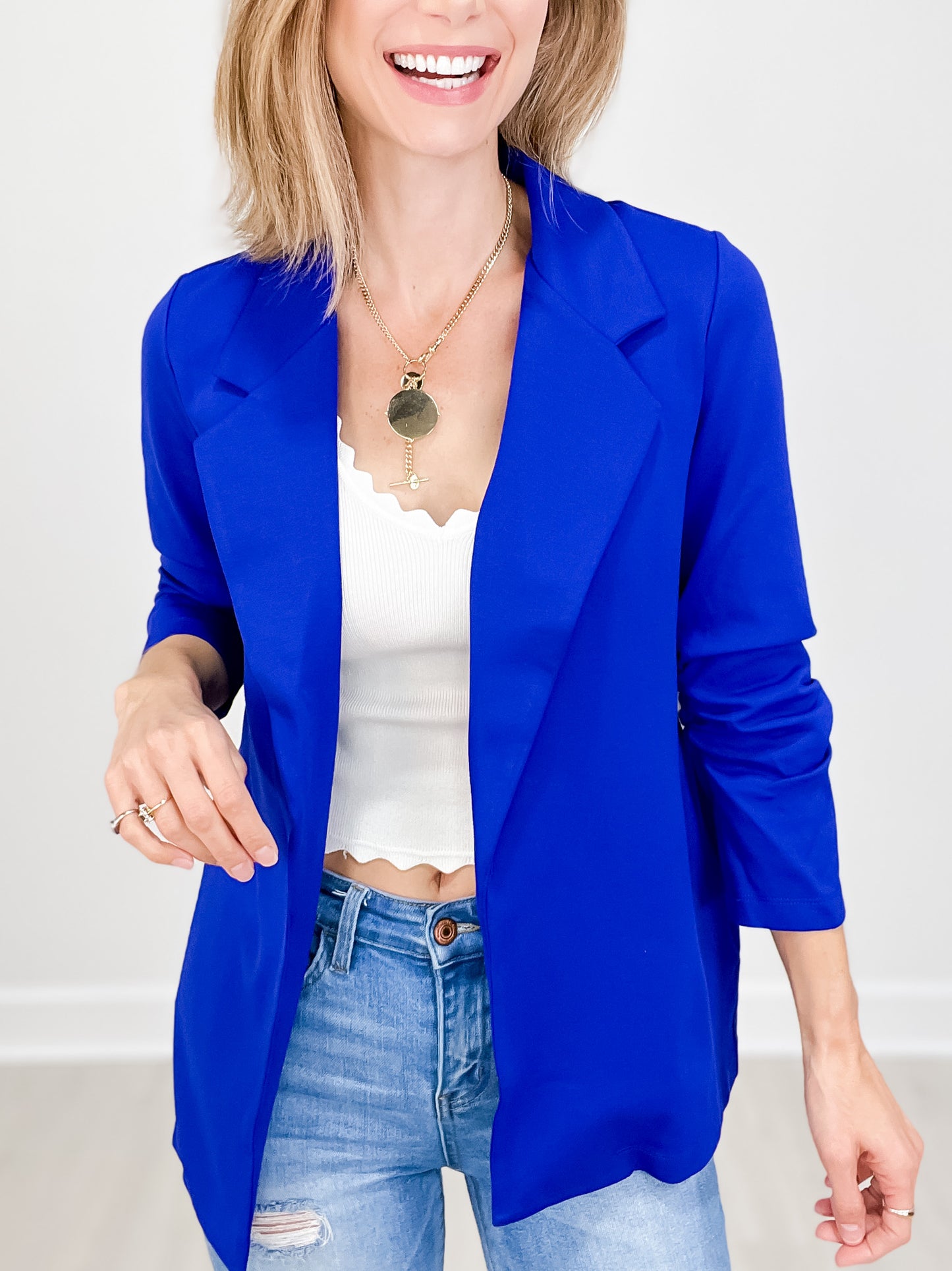 Magic 3/4 Length Ruching Sleeve Blazer in French Royal