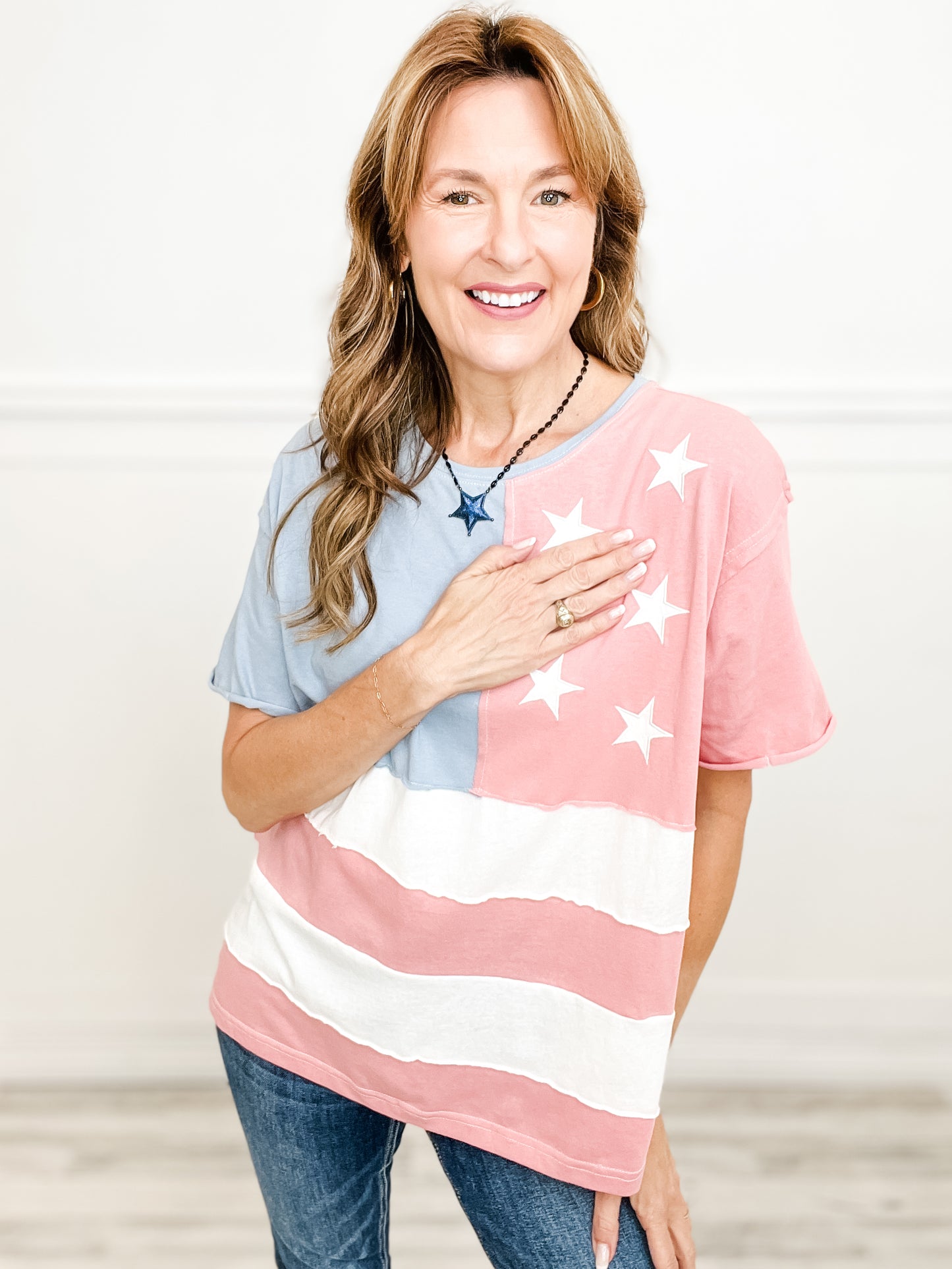 American Flag Stars and Stripe Raw Edge Short Sleeve Top