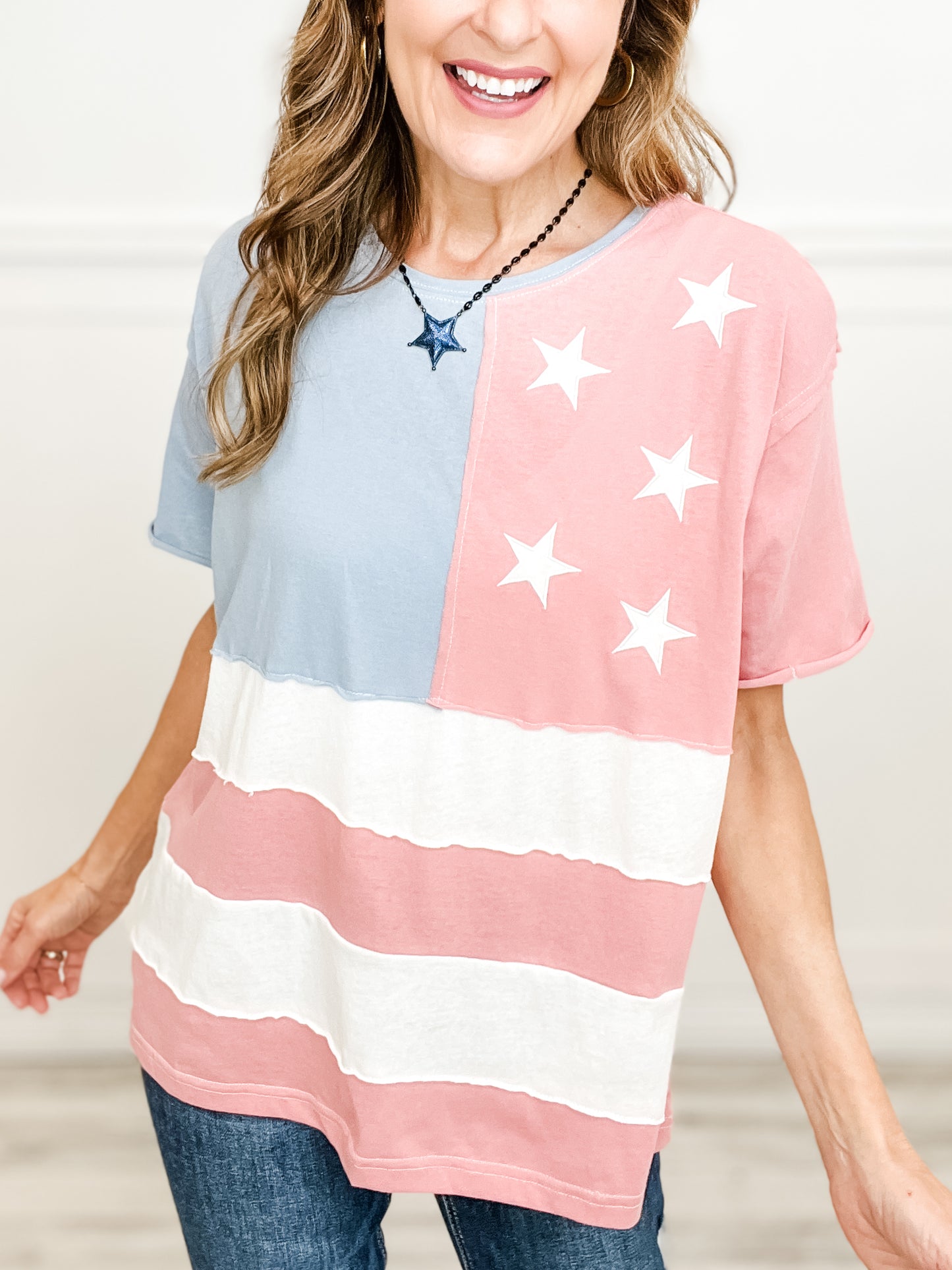 American Flag Stars and Stripe Raw Edge Short Sleeve Top