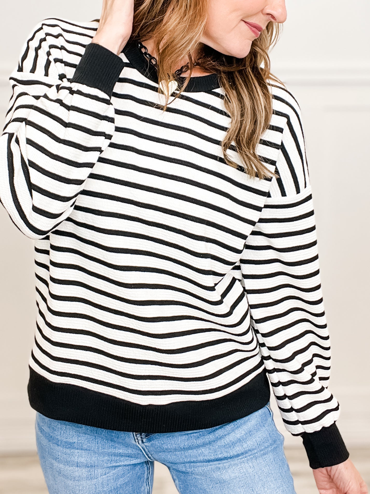 Textured Striped Knit Long Sleeve Top