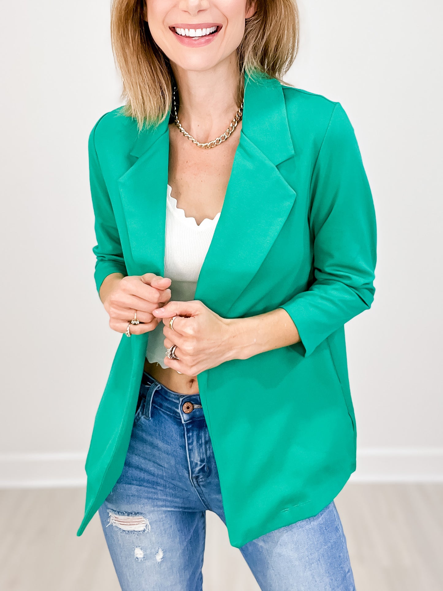 Magic 3/4 Length Ruching Sleeve Blazer in Kelly Green