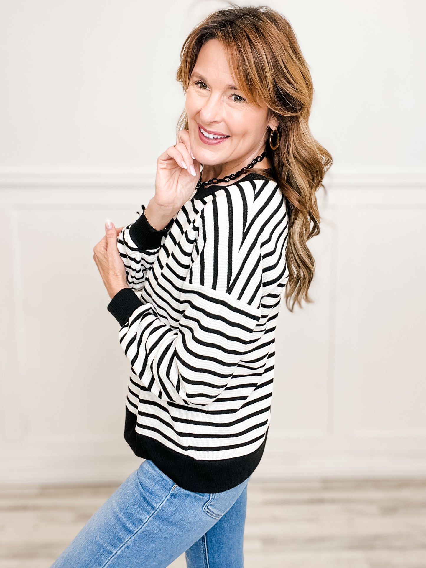 Textured Striped Knit Long Sleeve Top