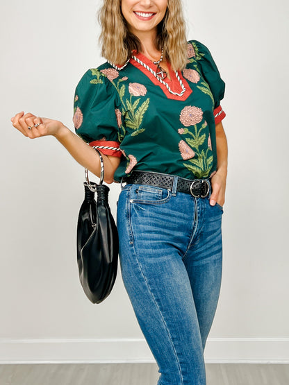 Floral Print Short Bubble Sleeve Top