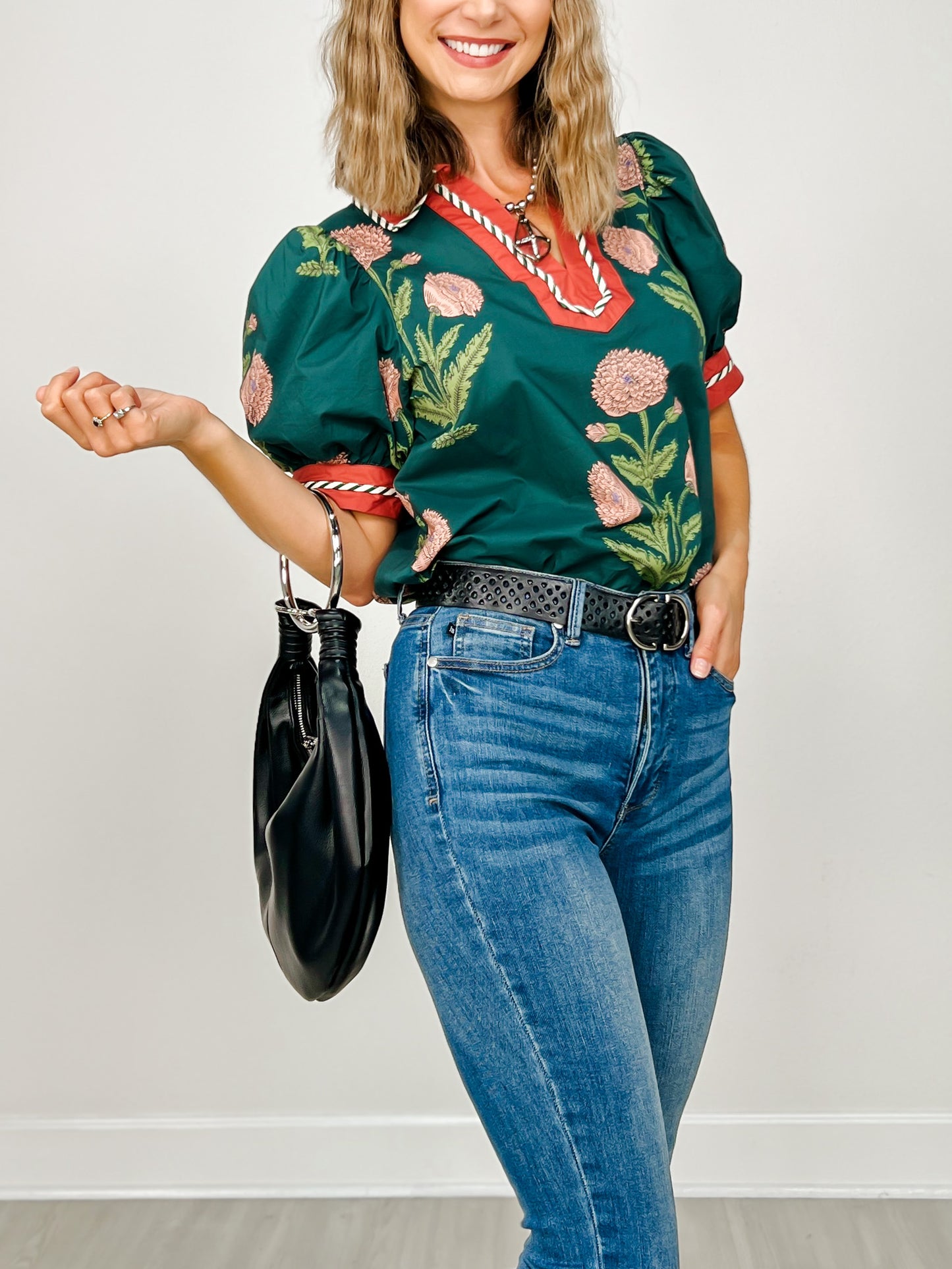 Floral Print Short Bubble Sleeve Top