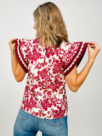 Floral Print Flutter Sleeve Top with Scallop Trim