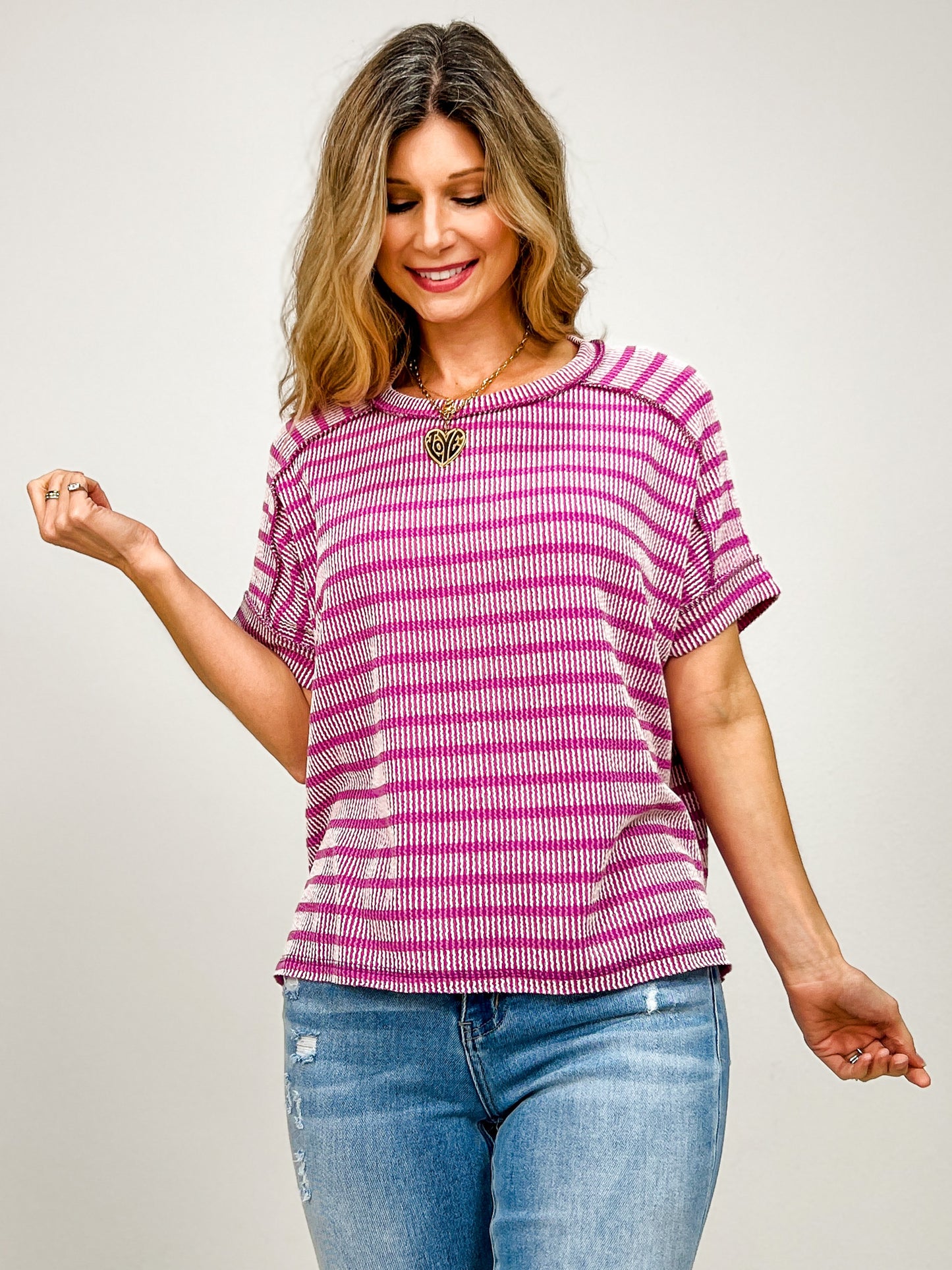 Raised Rib Striped Exposed Seam Top