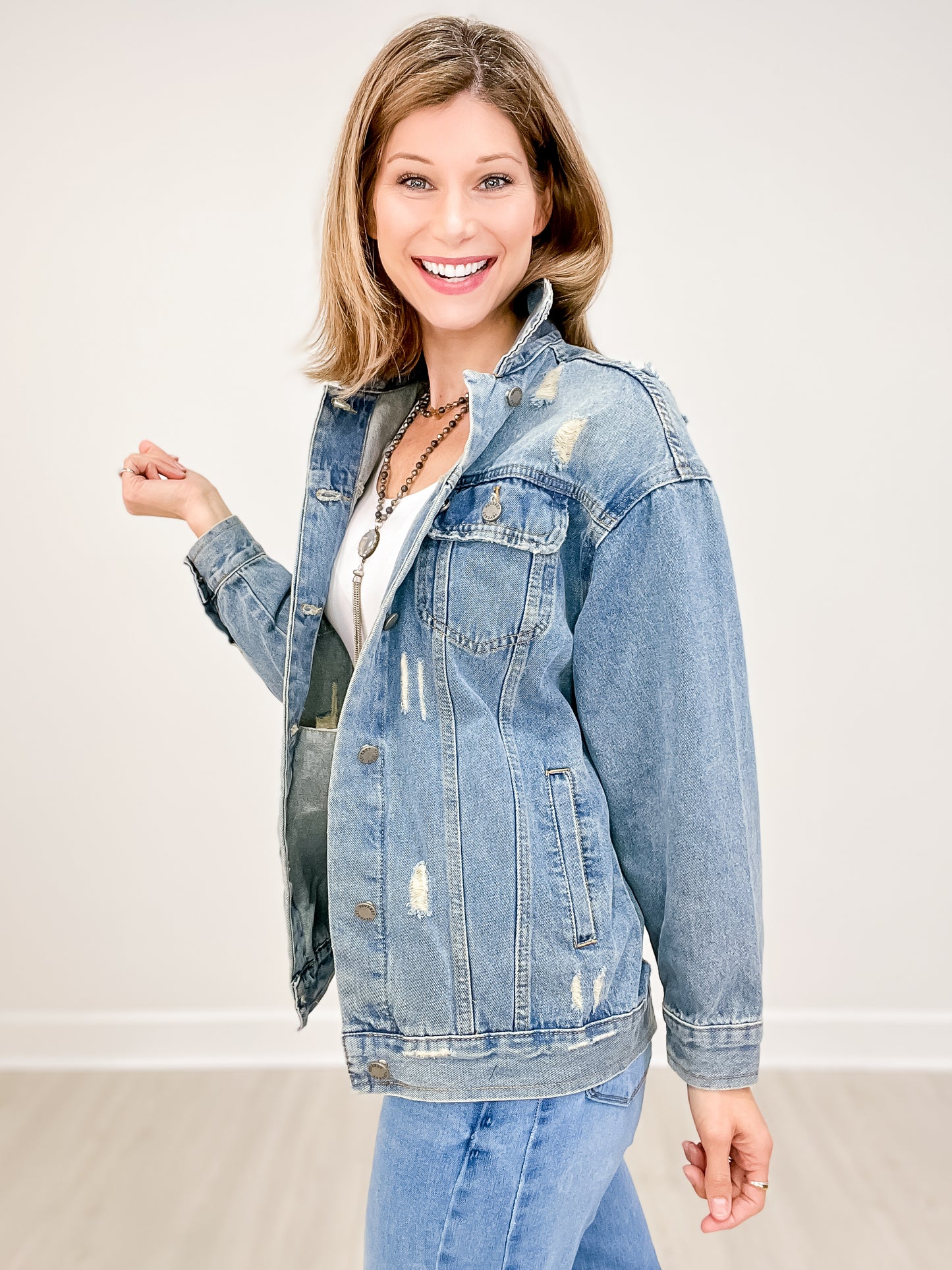 Med Wash Distressed Classic Denim Jacket