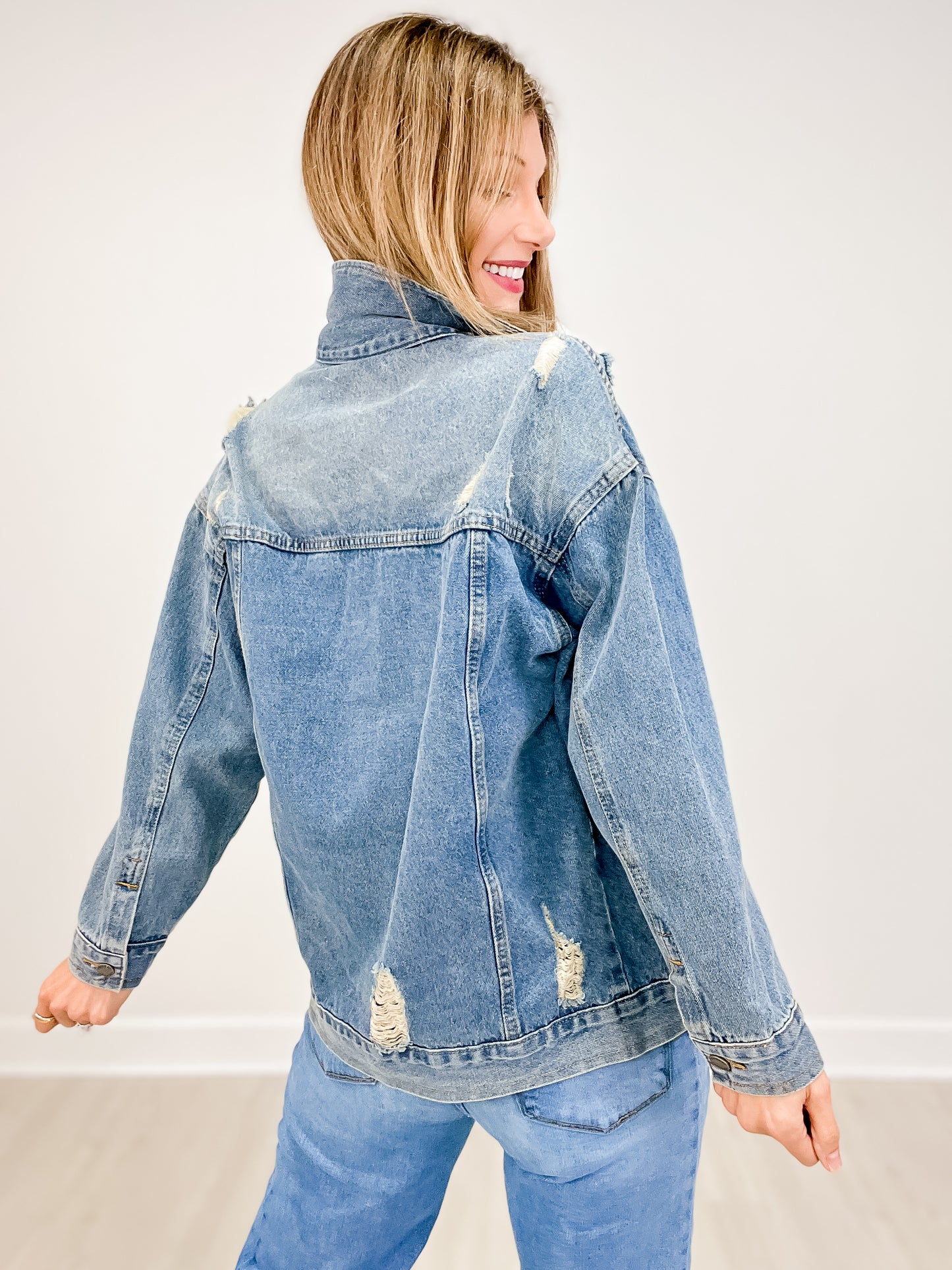 Med Wash Distressed Classic Denim Jacket