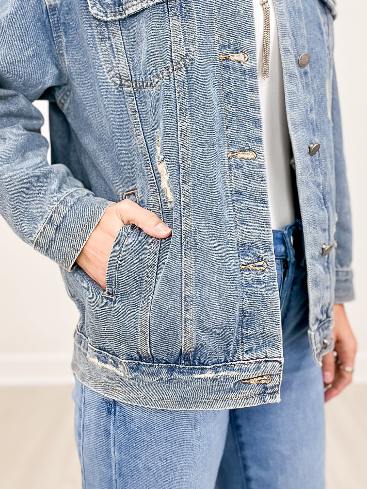 Med Wash Distressed Classic Denim Jacket