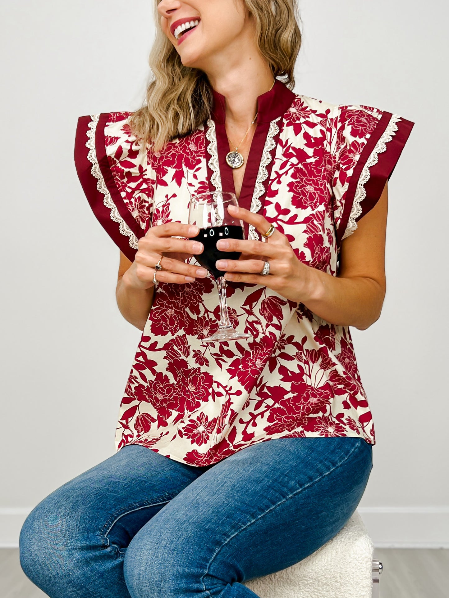 Floral Print Flutter Sleeve Top with Scallop Trim