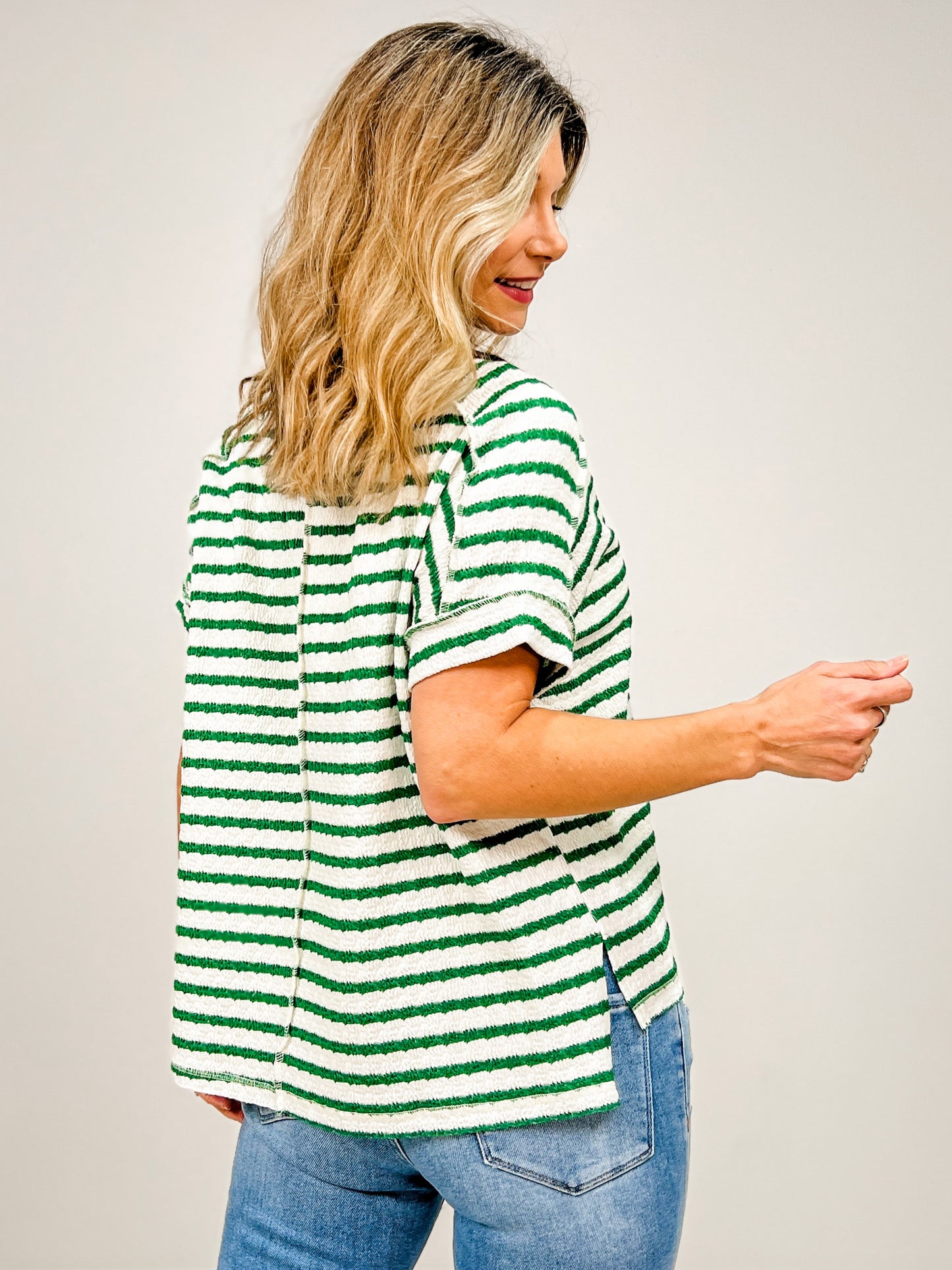 Stripe Jacquard Round Neck Hi-Lo Hem Box Tee - GRP A