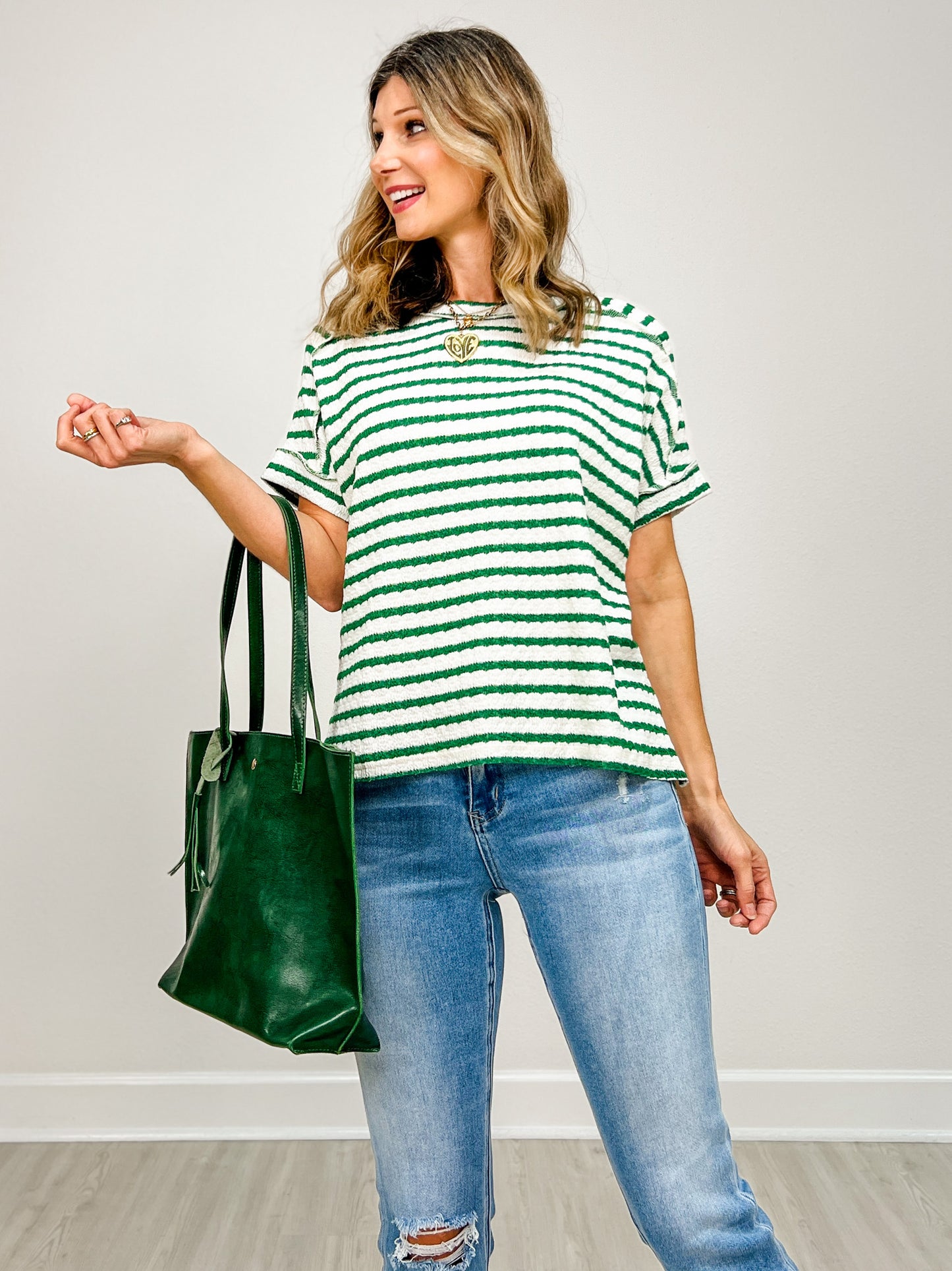 Stripe Jacquard Round Neck Hi-Lo Hem Box Tee - GRP A