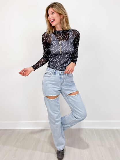 Judy Blue RHINESTONE COWGIRL High Rise Rigid Magic Rhinestone Slit Straight Leg Jeans