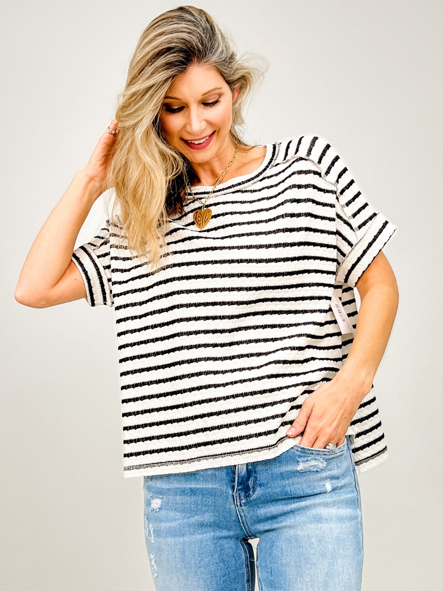 Stripe Jacquard Round Neck Hi-Lo Hem Box Tee - GRP A