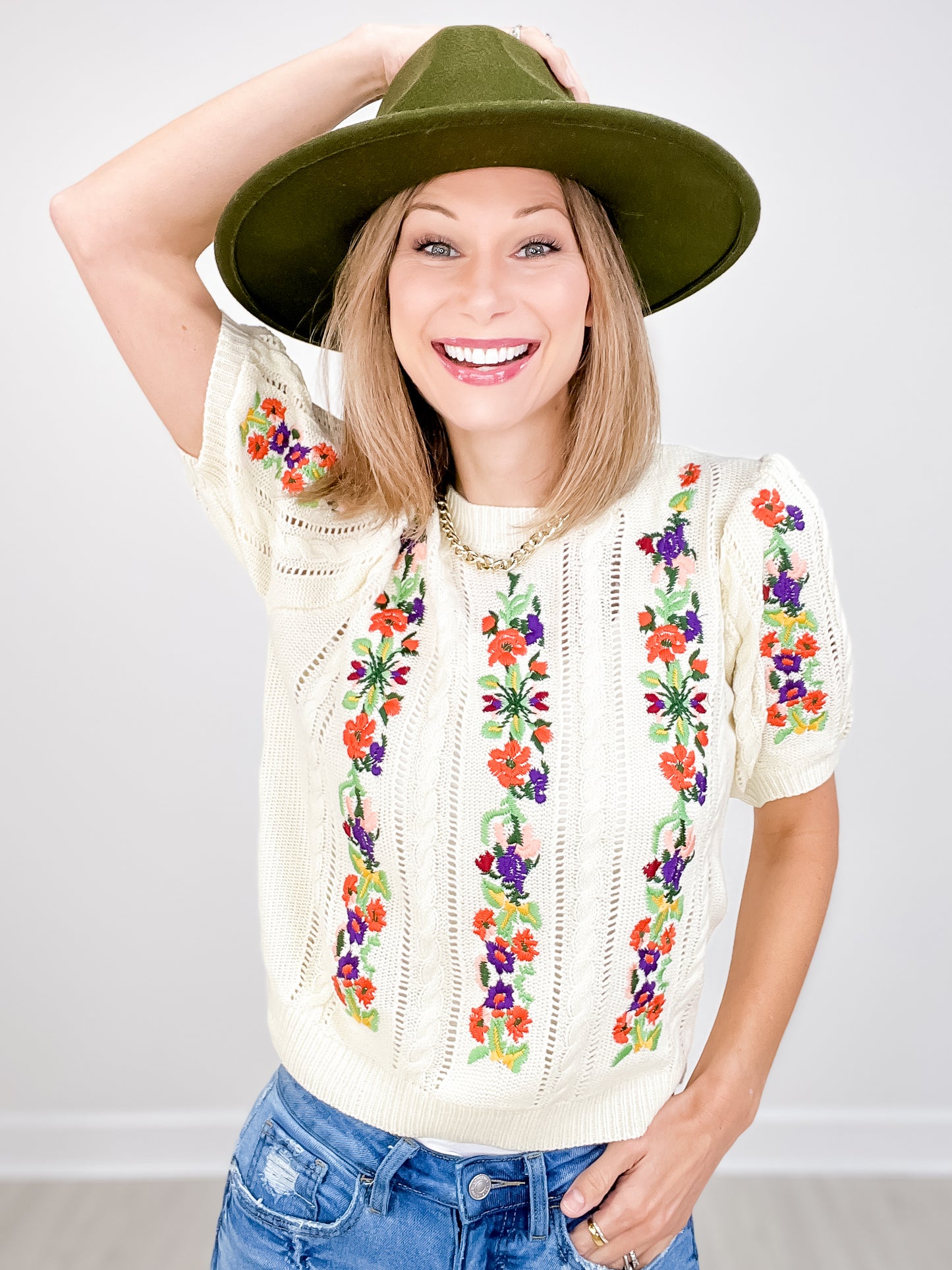 Flower Embroidery Pointelle Short Sleeve Sweater