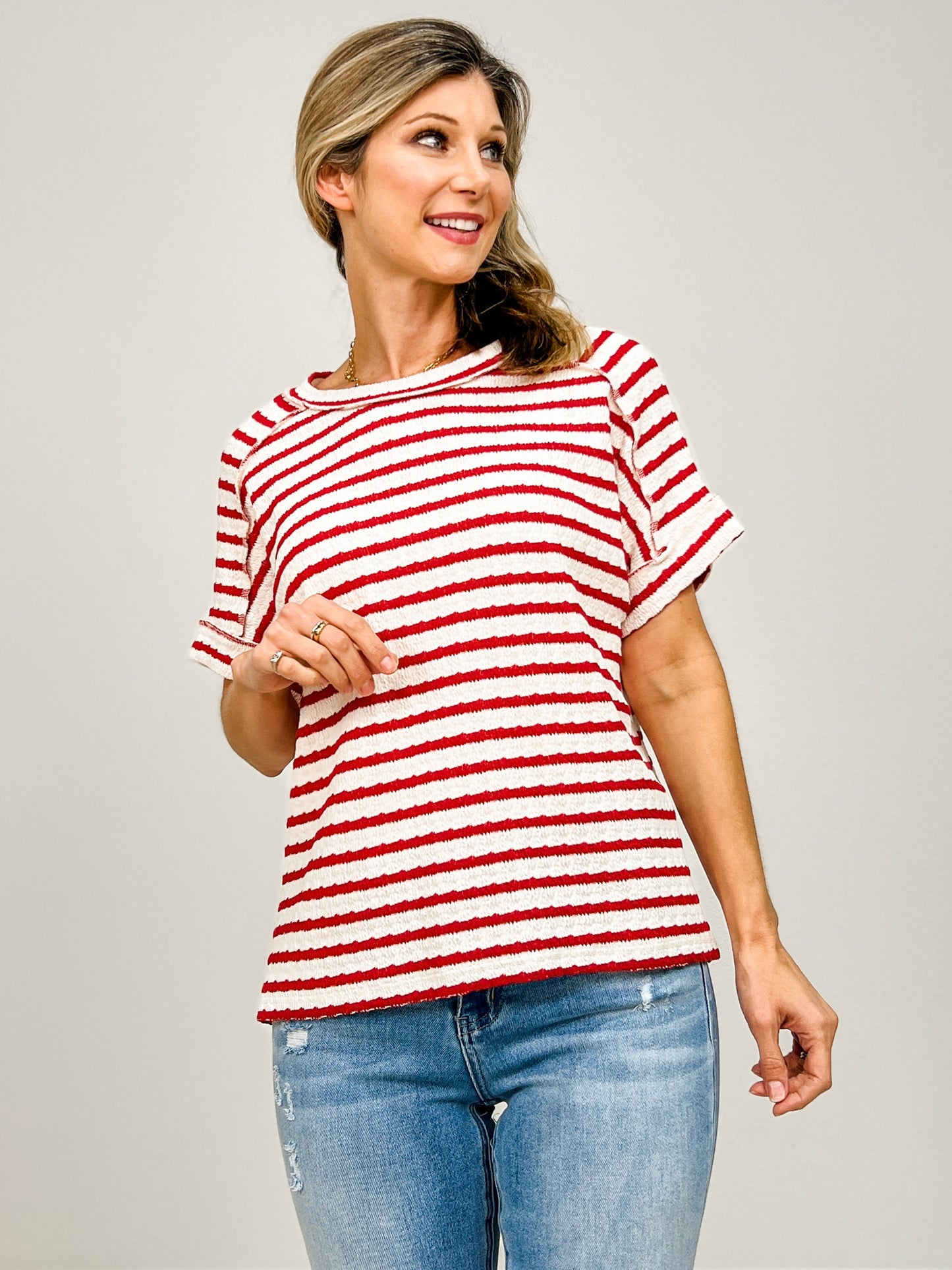 Stripe Jacquard Round Neck Hi-Lo Hem Box Tee - GRP B