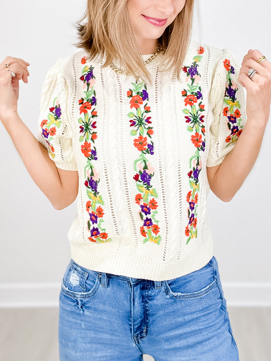 Flower Embroidery Pointelle Short Sleeve Sweater