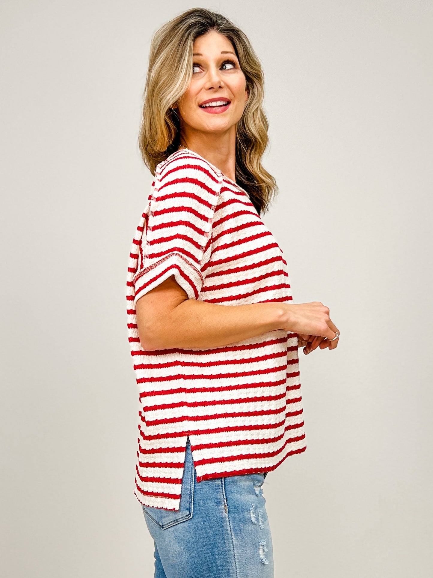 Stripe Jacquard Round Neck Hi-Lo Hem Box Tee - GRP B