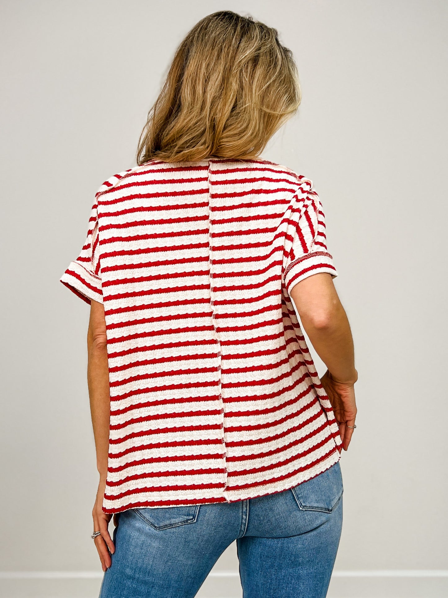 Stripe Jacquard Round Neck Hi-Lo Hem Box Tee - GRP B
