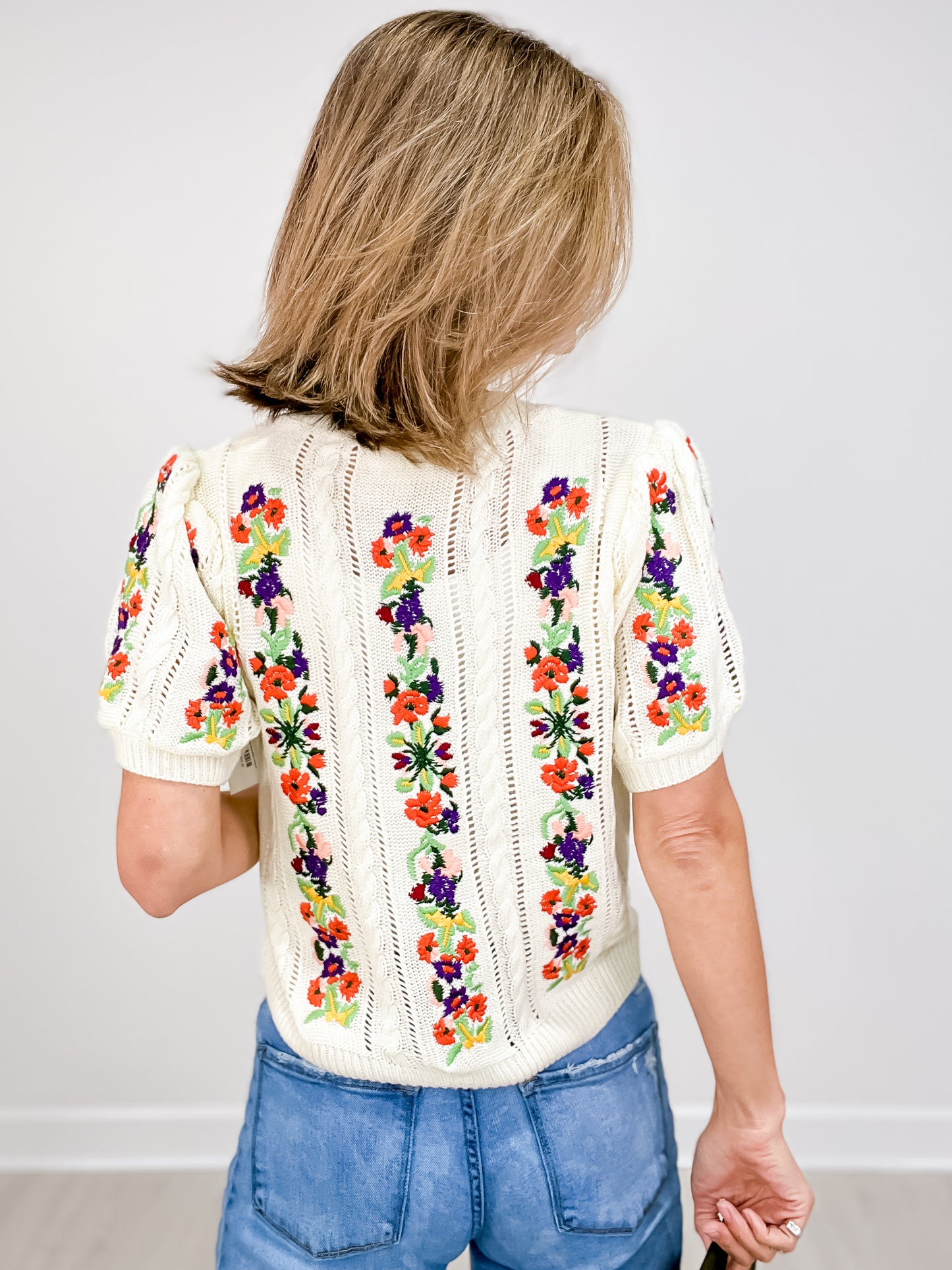 Flower Embroidery Pointelle Short Sleeve Sweater