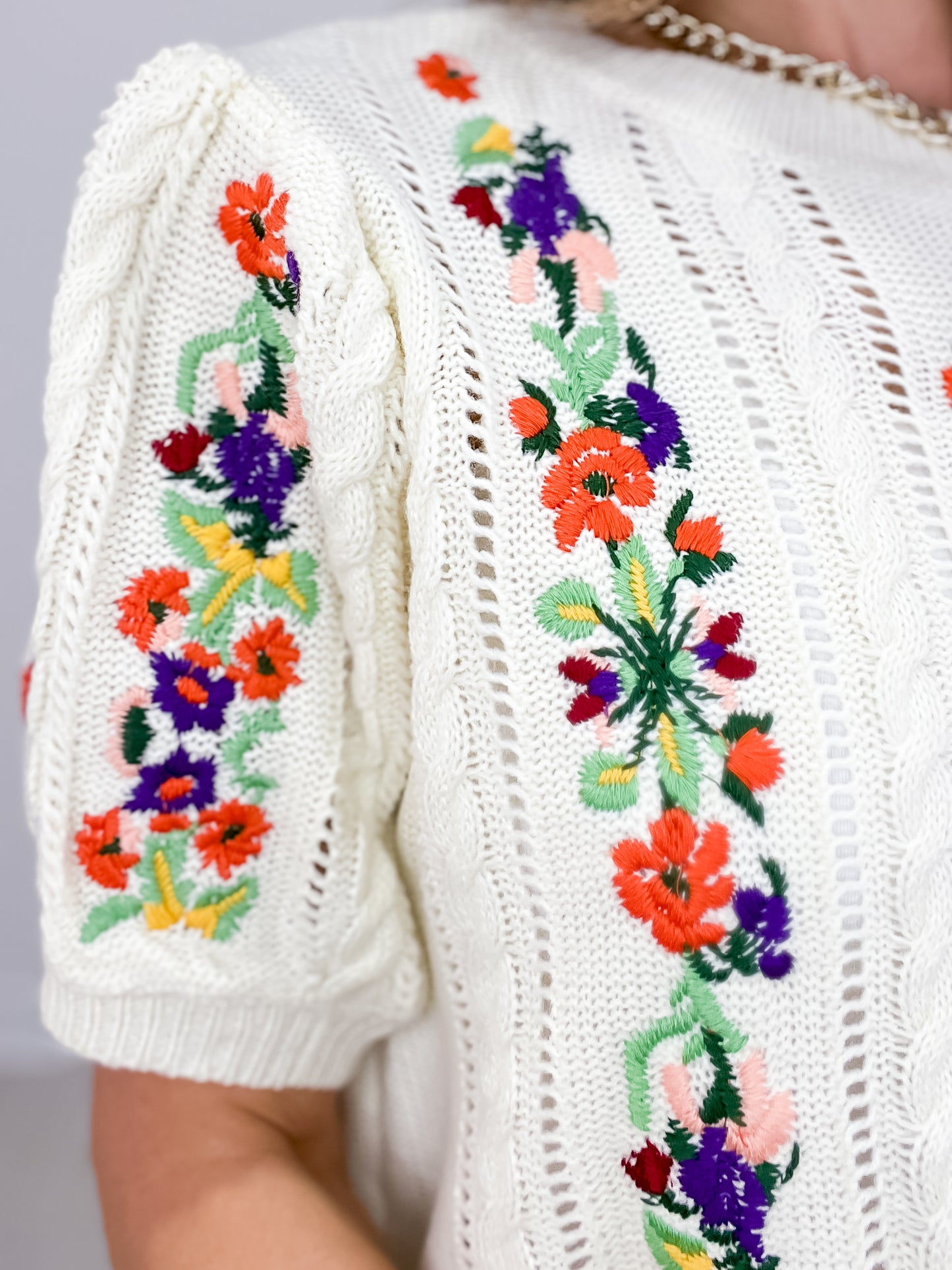 Flower Embroidery Pointelle Short Sleeve Sweater