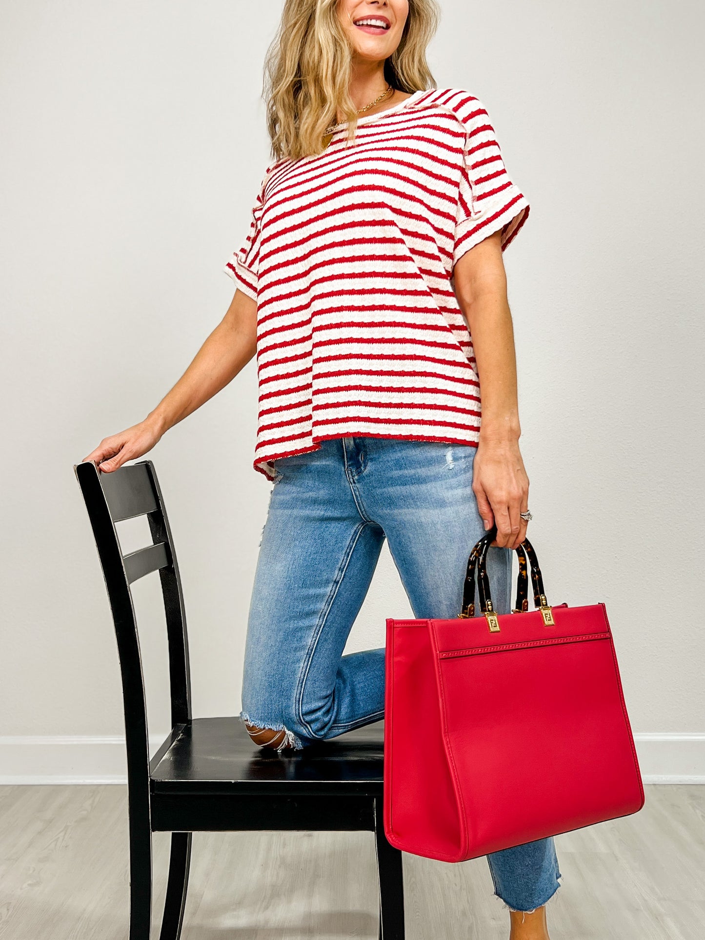 Stripe Jacquard Round Neck Hi-Lo Hem Box Tee - GRP B