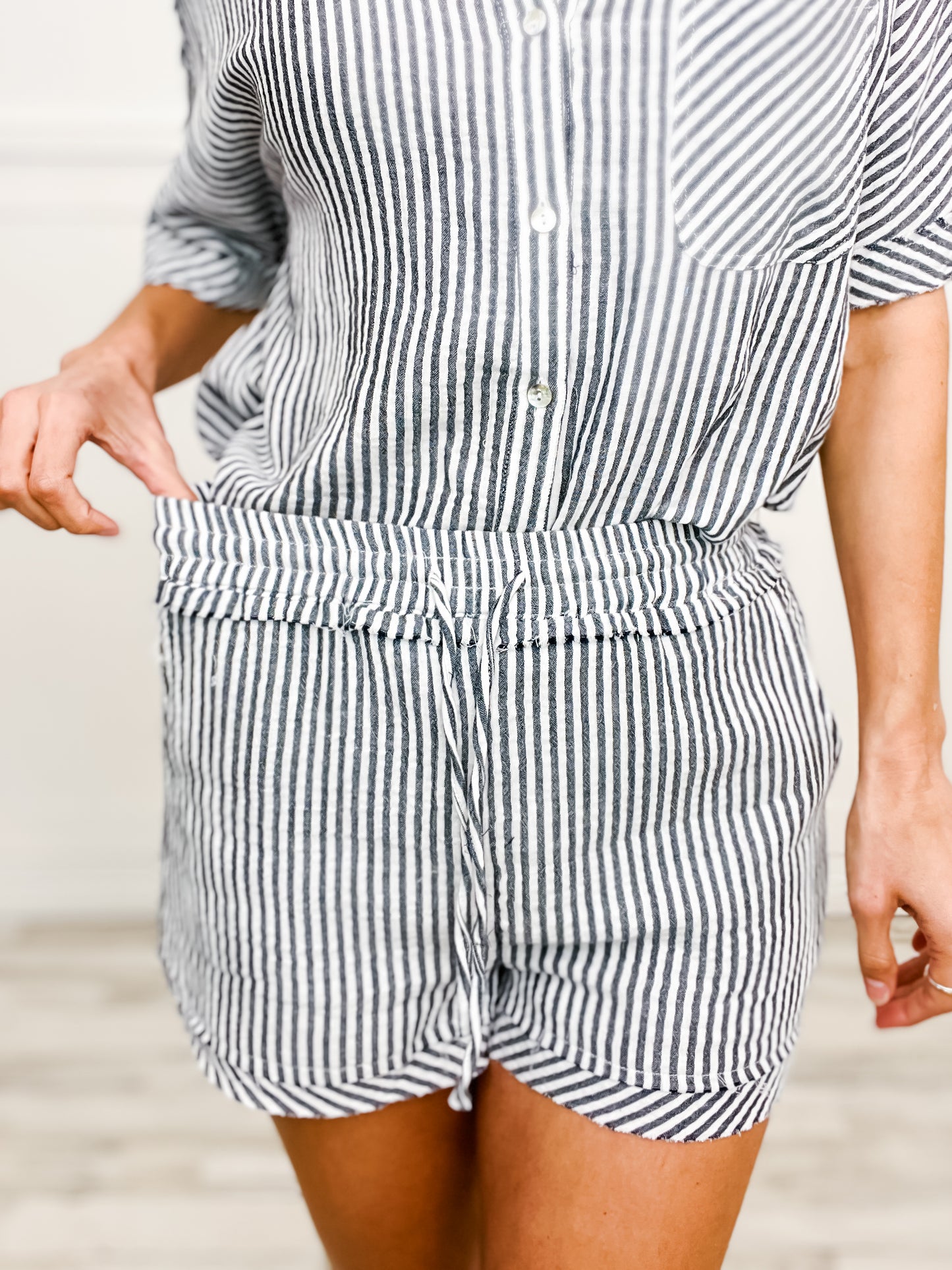 Cotton Gauze Striped Shirt Top & Shorts Set