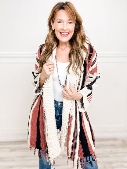 Open Front Multi Color Cardigan Sweater with Fringe Hem