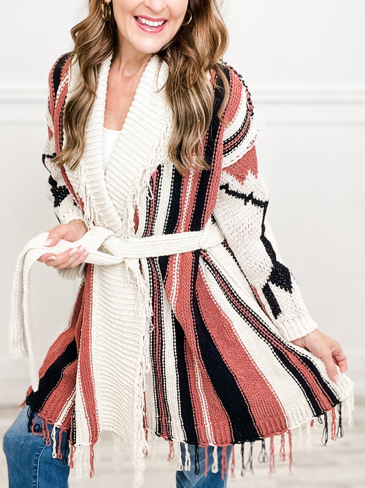 Open Front Multi Color Cardigan Sweater with Fringe Hem