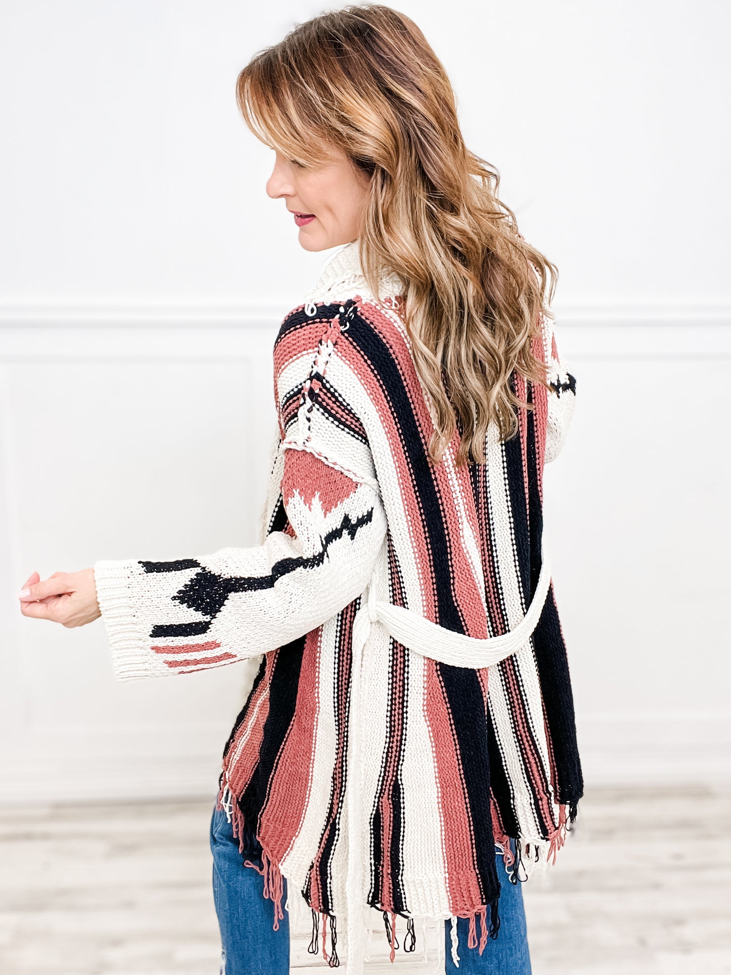 Open Front Multi Color Cardigan Sweater with Fringe Hem