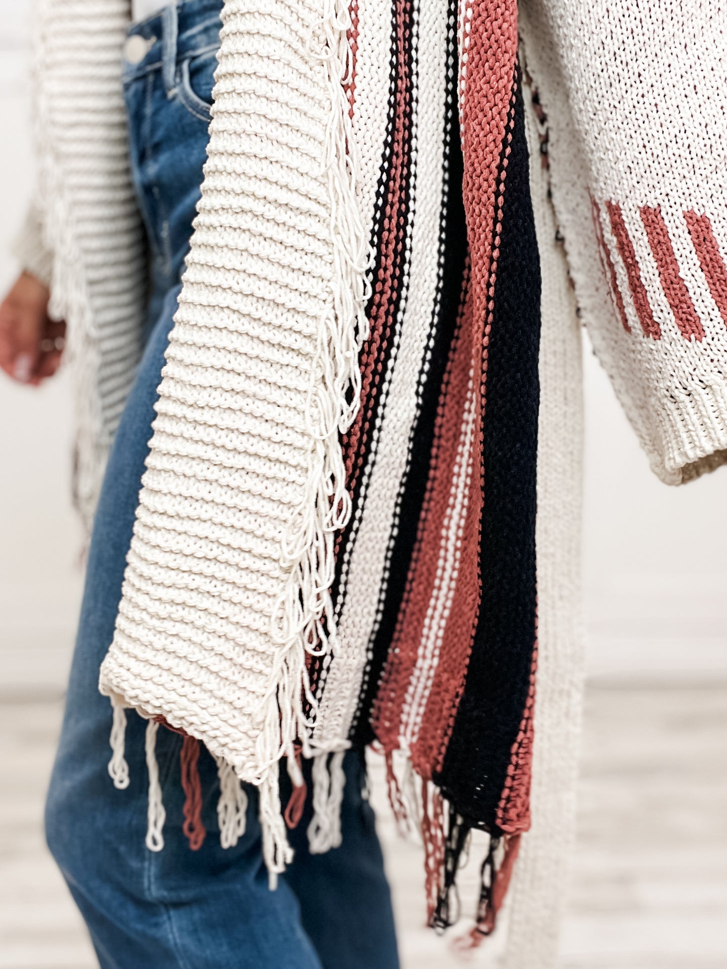 Open Front Multi Color Cardigan Sweater with Fringe Hem