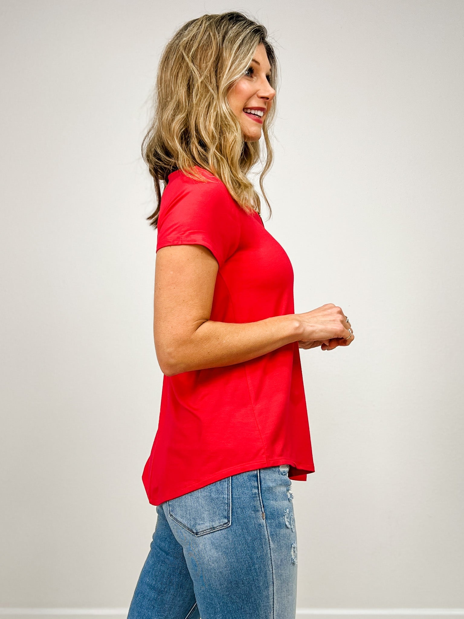 Rayon Short Sleeve V-neck Round Hem Top - GRP B