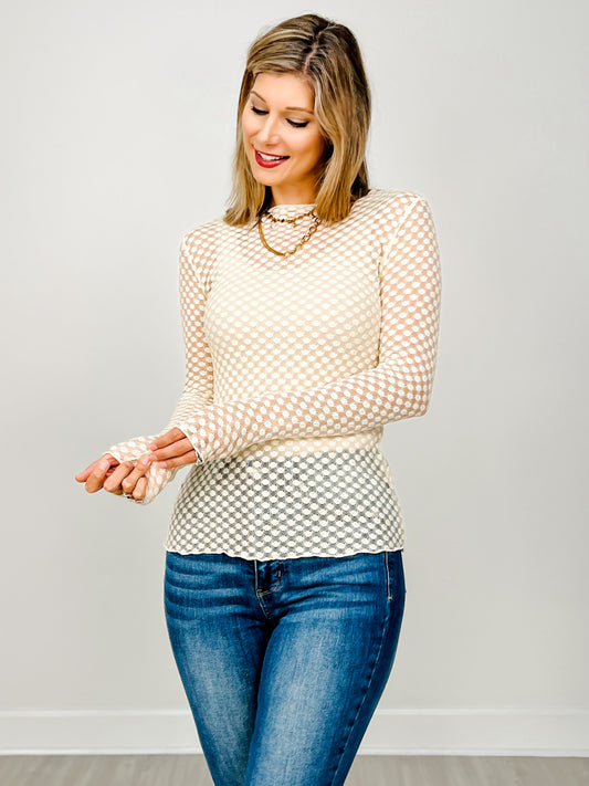 Long Sleeve Dot Lace Layering Mesh Top