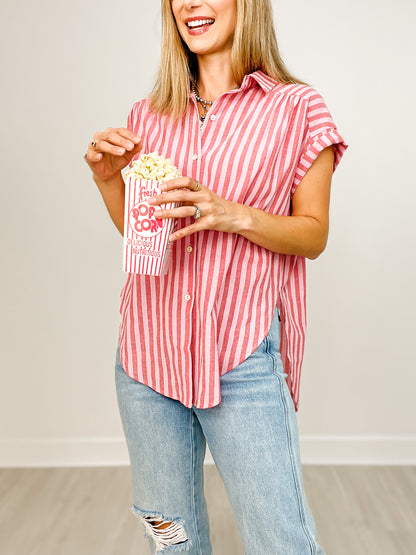 Striped Short Sleeve Button Down Top