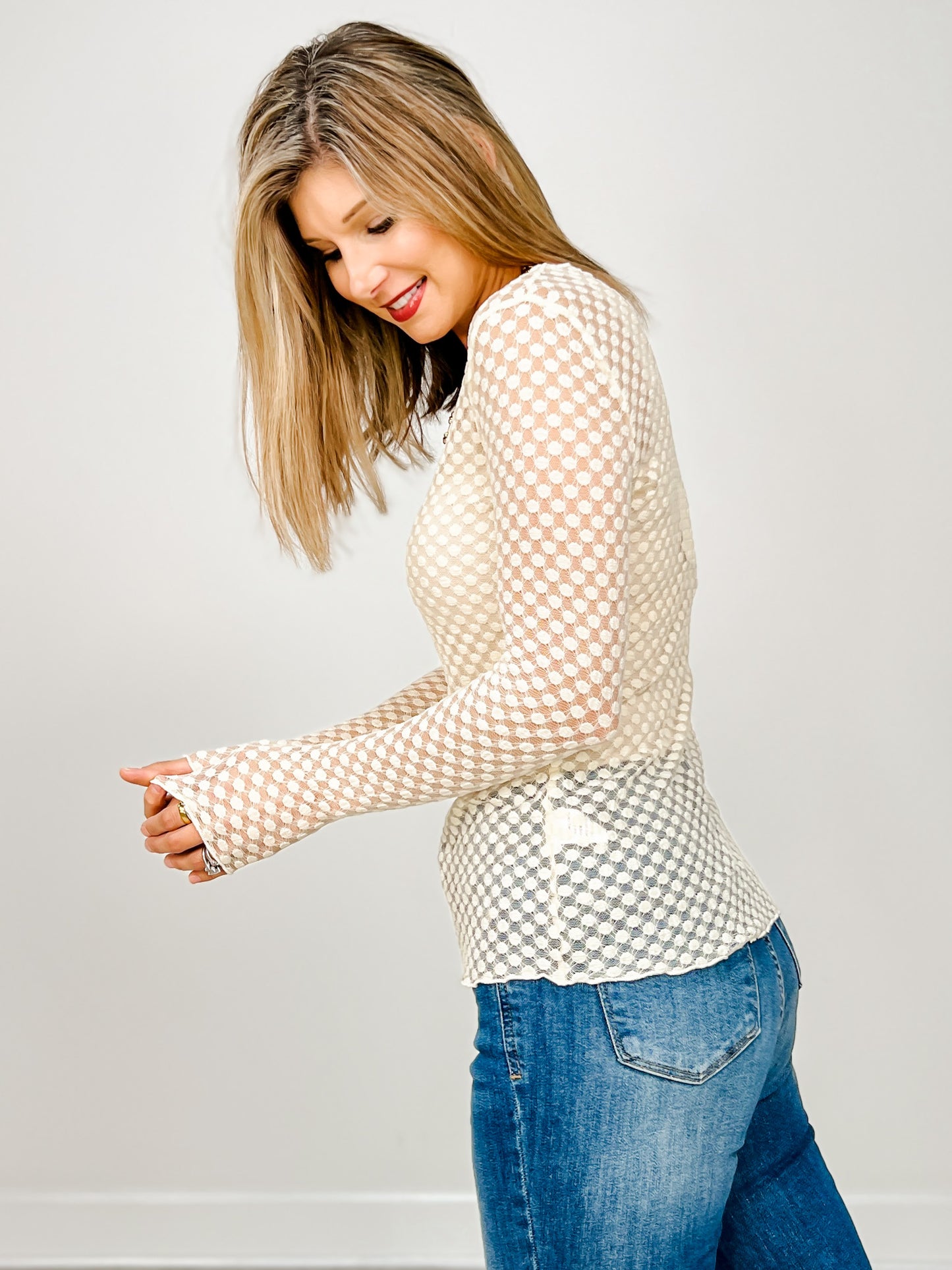 Long Sleeve Dot Lace Layering Mesh Top