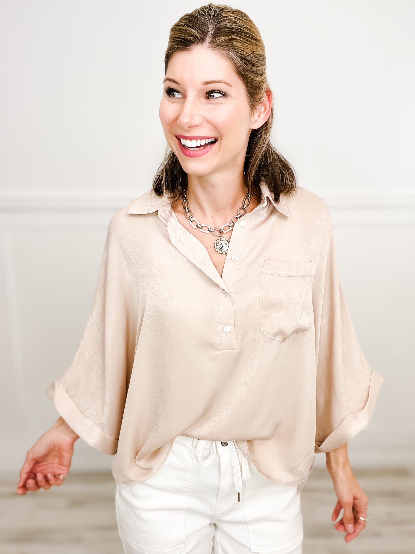 Take Me To Dinner Oversized Collared Tunic Top with Button Down Neckline