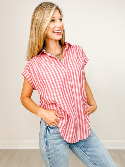 Striped Short Sleeve Button Down Top