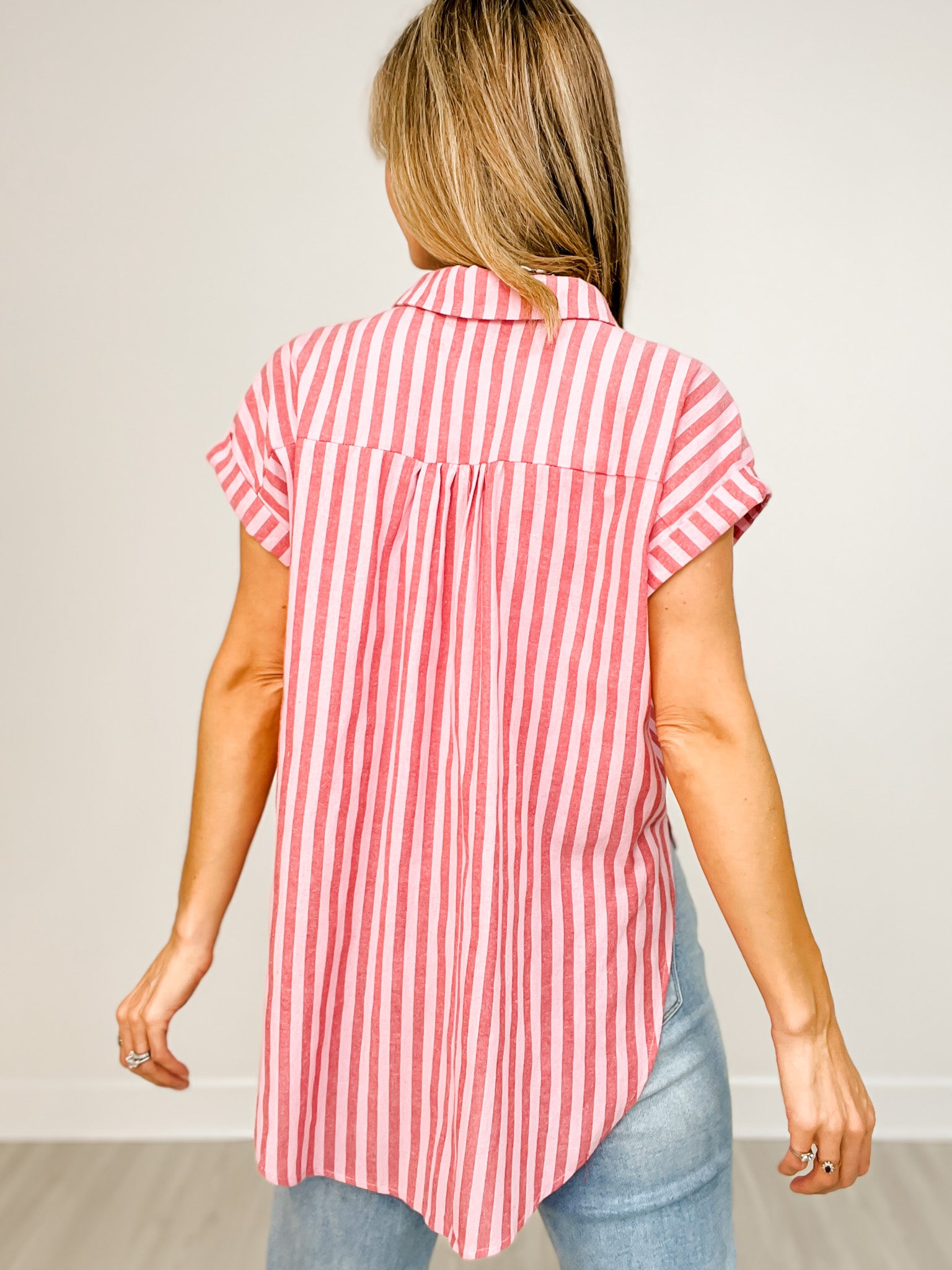Striped Short Sleeve Button Down Top