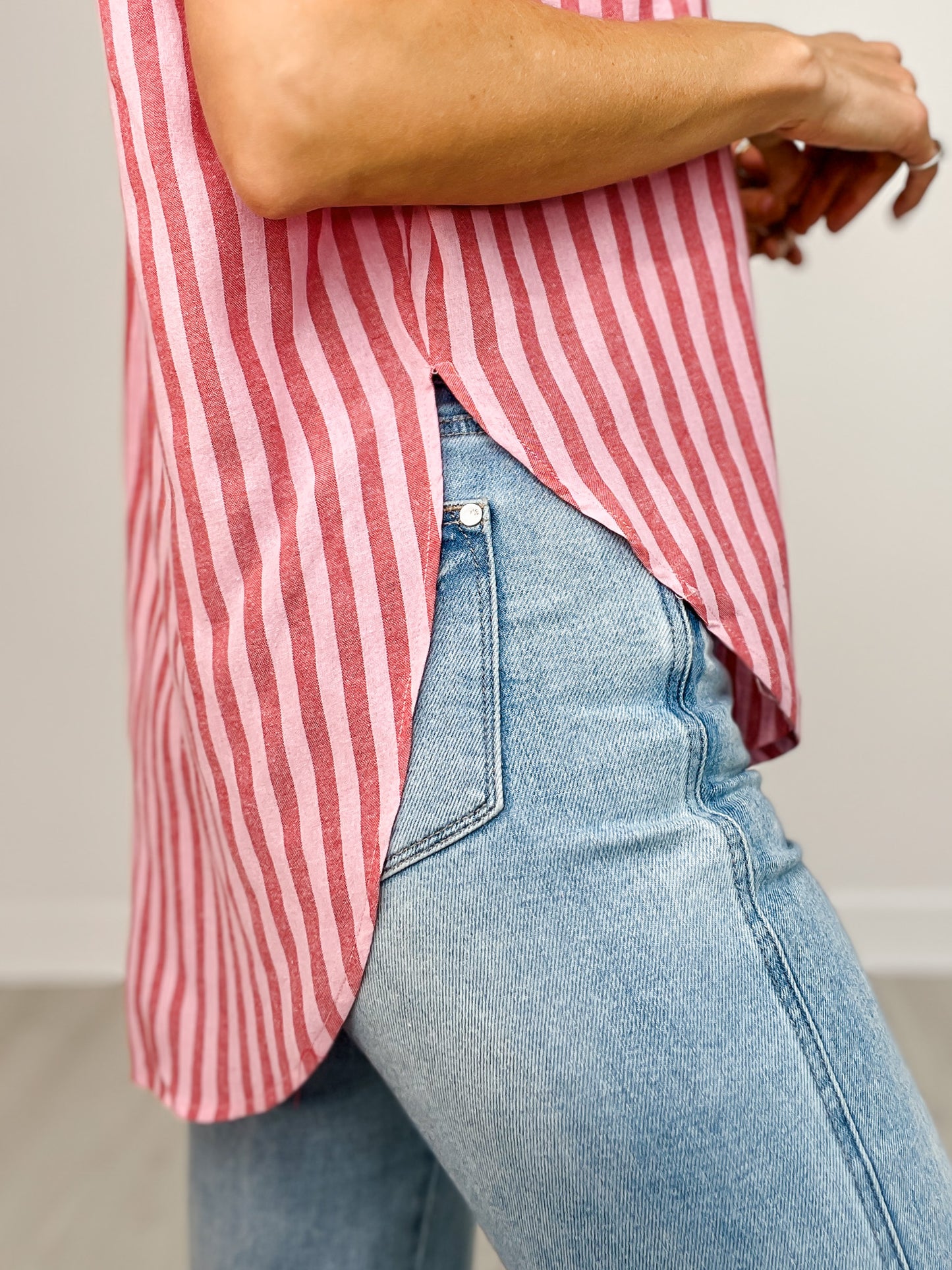Striped Short Sleeve Button Down Top