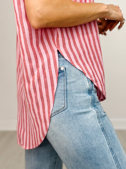 Striped Short Sleeve Button Down Top