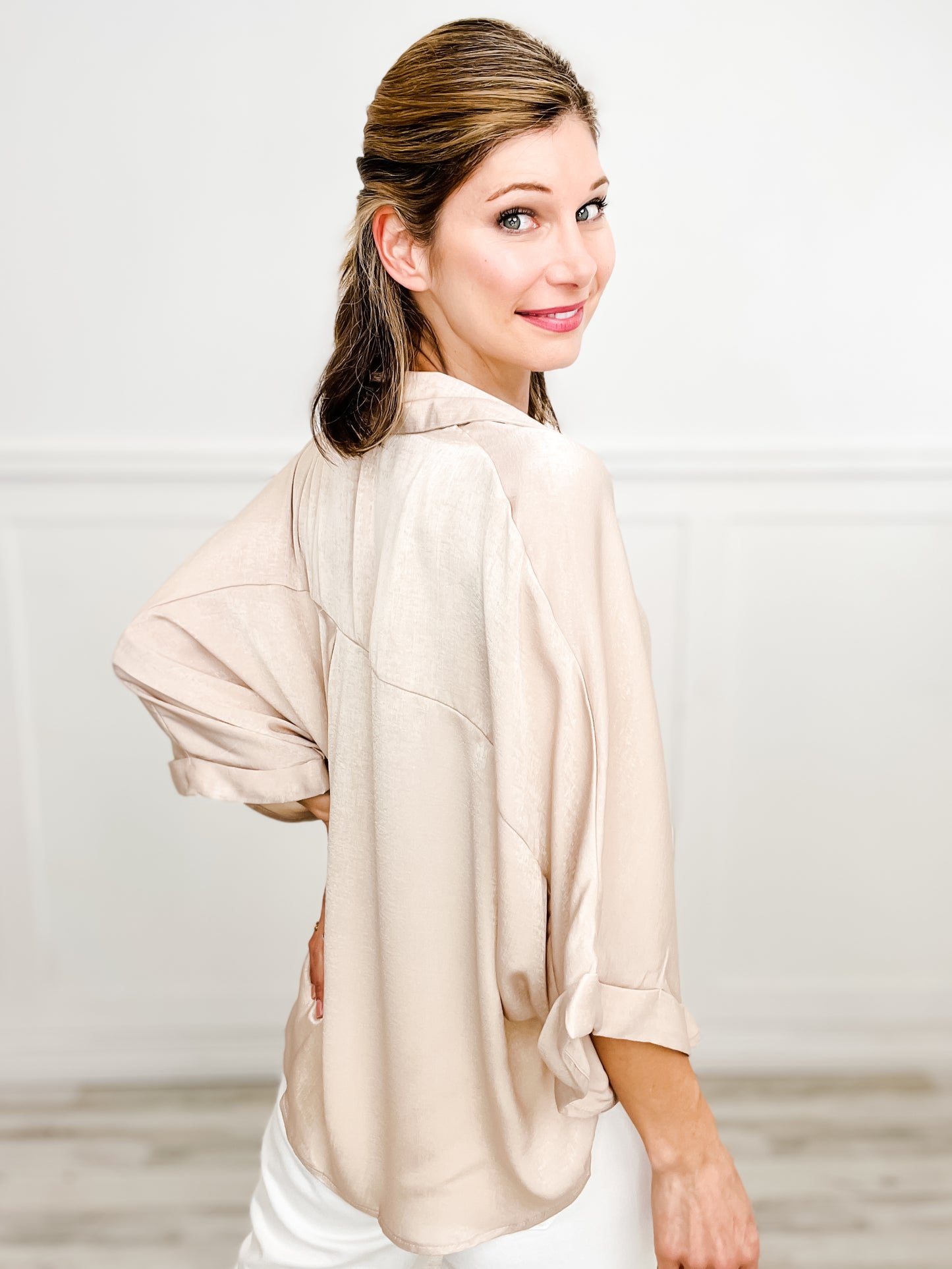 Take Me To Dinner Oversized Collared Tunic Top with Button Down Neckline