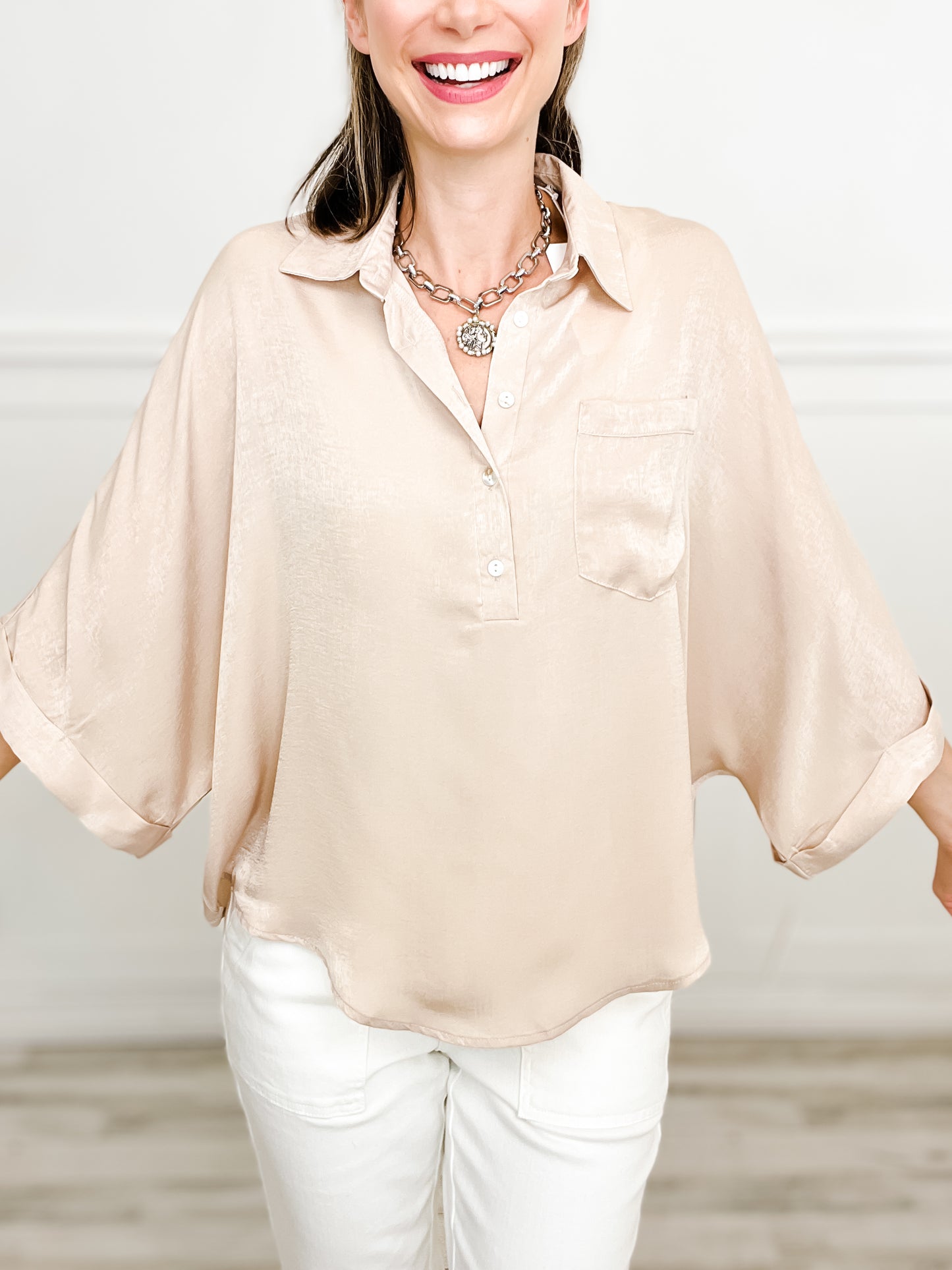 Take Me To Dinner Oversized Collared Tunic Top with Button Down Neckline