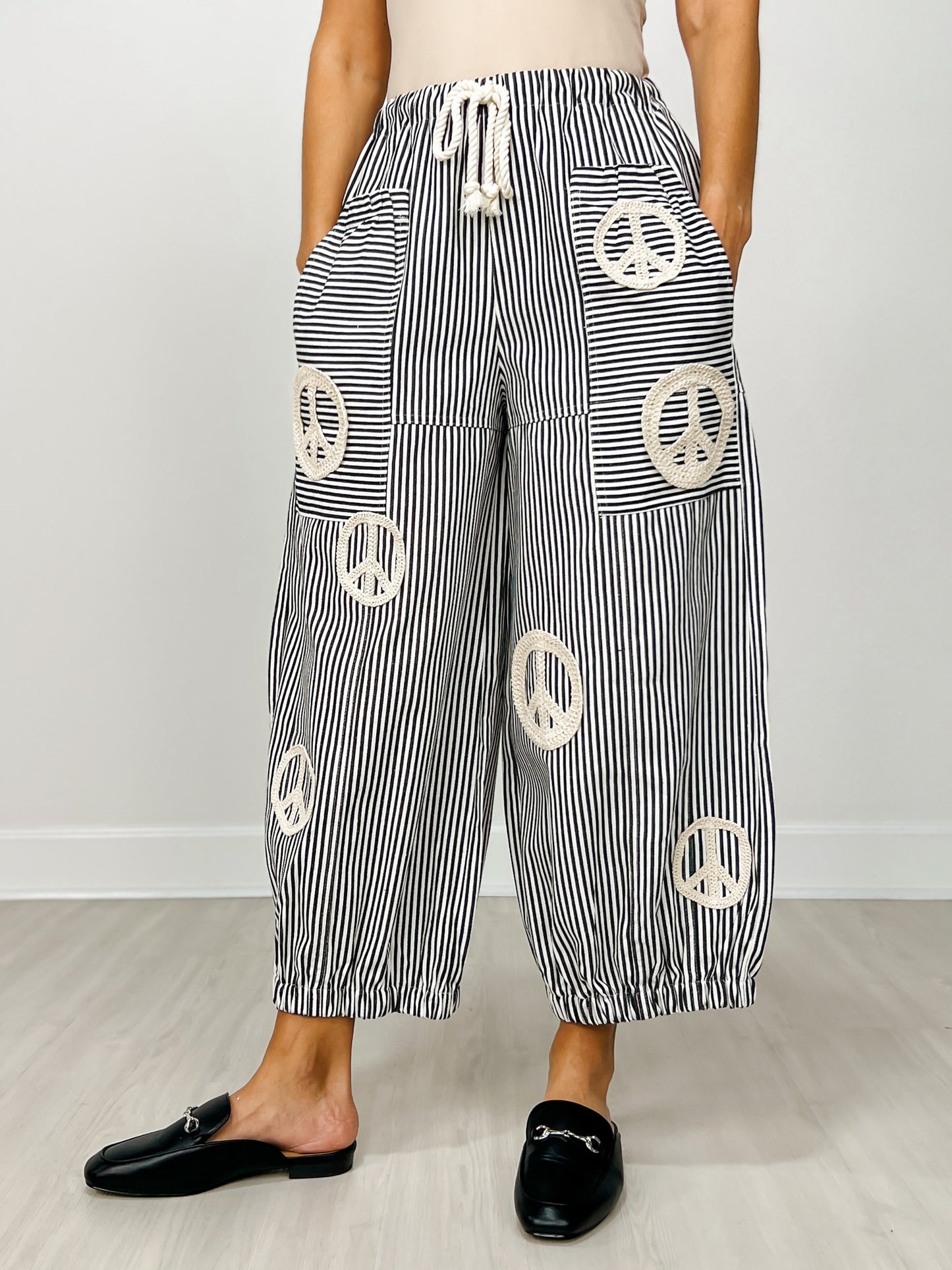 Peace Sign Pinstripe Palazzo Pants