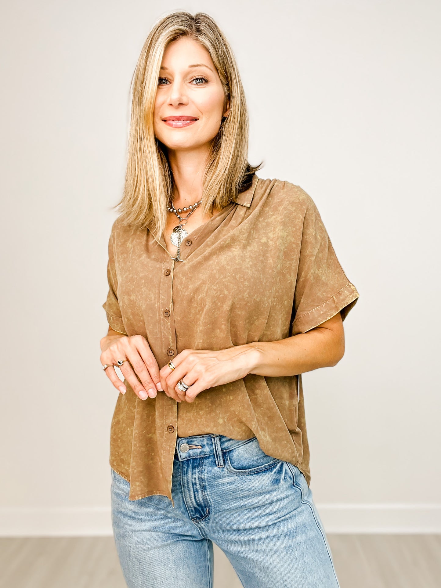 Short Sleeve Mineral Washed Button Down Top